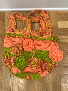 Handmade Crochet Floral Tote Bag in Peach & Lime Boho Coastal Grandma